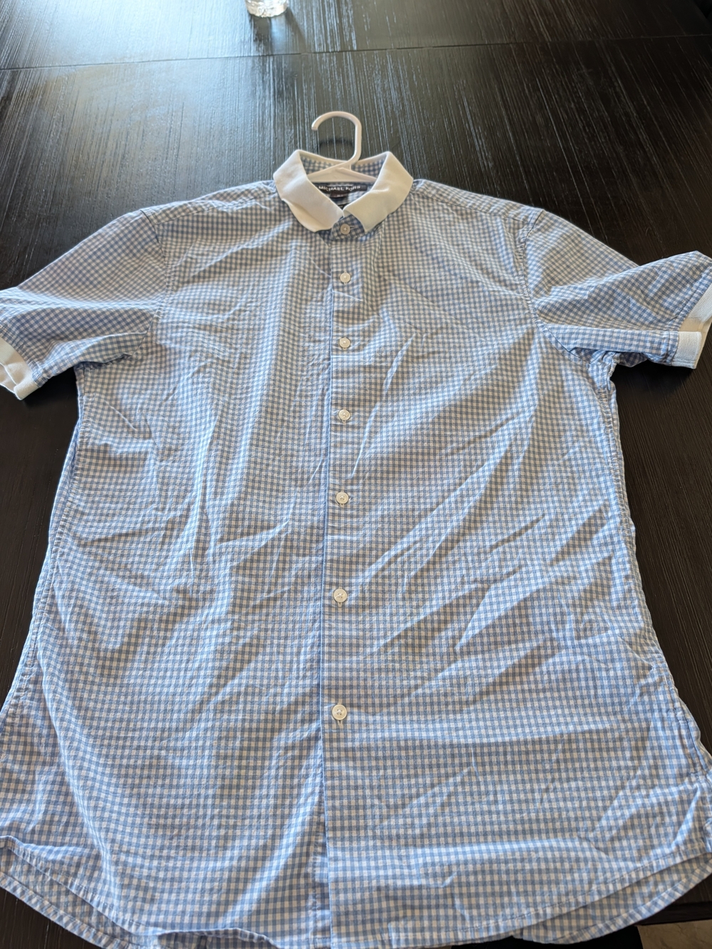 Michael Kors Light Blue Gingham Short-Sleeve Button-Down Shirt with White Collar